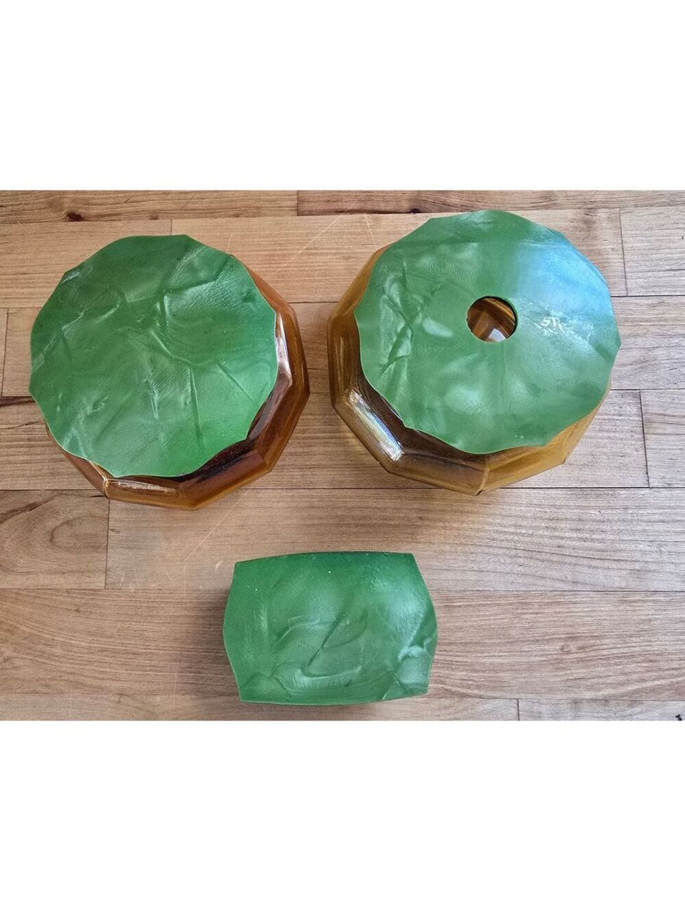 Vtg Art Deco Amber Glass & Jade Green Marbled Pearloid 3pc Vanity Dresser Set